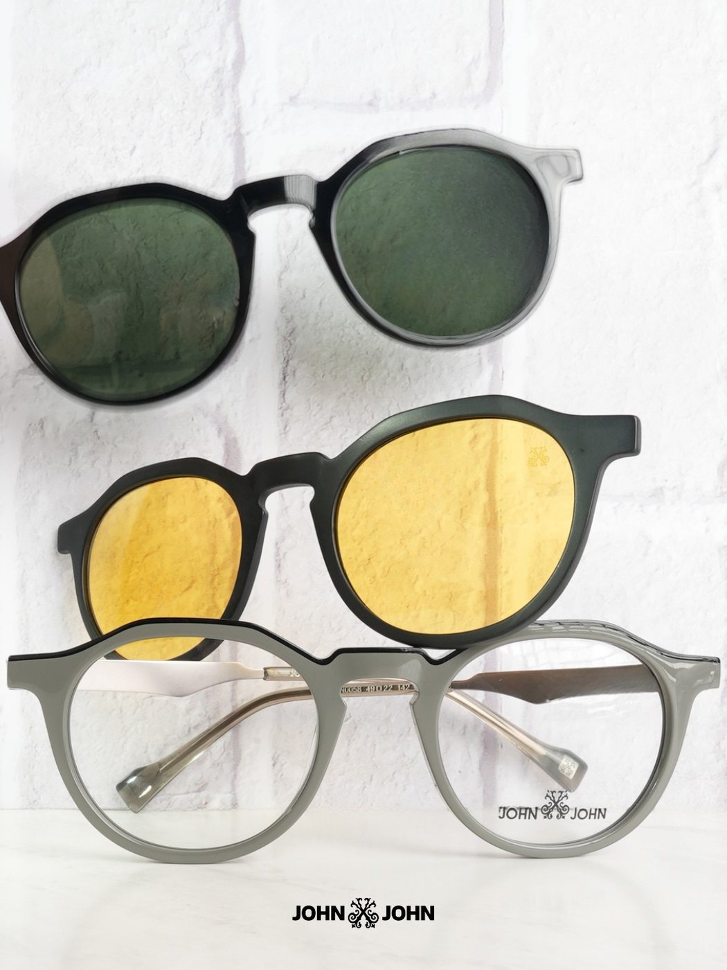 Óculos clip-on com lentes de sol encaixáveis